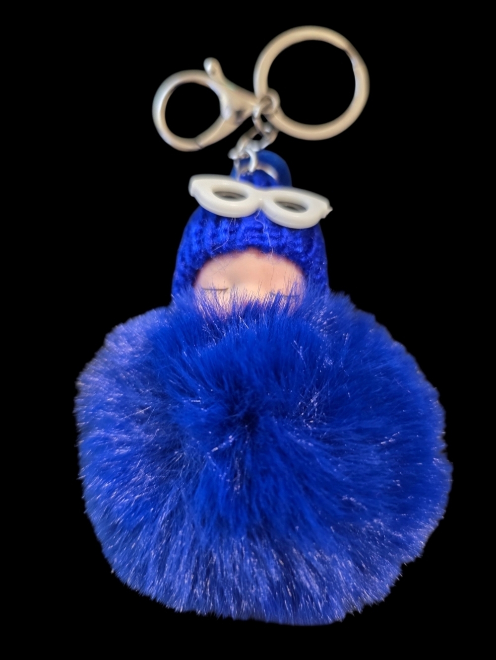 Royal Blue Faux Fur Pom Bag Charm Keychain with Sleepy Doll Accent